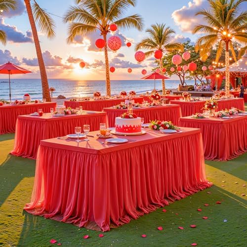 2 Pack 6ft Red Table Cloths Rectangle Tulle Tablecloth Fitted Red Tablecloths for 6 foot Rectangle Tables Spandex Table Covers for Parties Wedding Birthday Buffet Banquet Desk Tables Skirt - Image 4