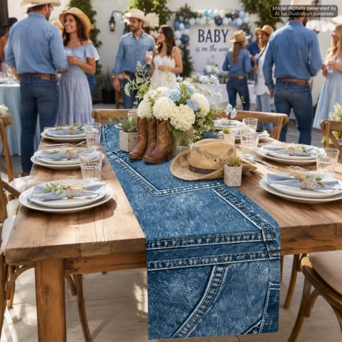 7Pcs 72 x 13'' Blue Jean Table Runners Blue Jean Baby Shower Decorations Denim Table Runner Tablecloth for Baby Shower Denim and Diamonds Engagement Wedding Birthday Dining Kitchen Decor (1 Design) - Image 6