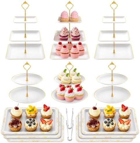 14Pcs Dessert Table Display Set, Cupcake Stand with Gold Metal Rod, 3-Tier Cup Cake Tower Stands, 2-Tiered Serving Trays, Food Platters for Tea Party, Baby Shower, Bridal, Wedding, Birthday, Plastic by AIMSEAL