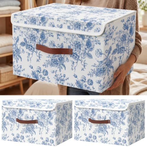 2 Pack Blue Floral Storage Bin with Lids, 17x11x12 Inch by Unknown