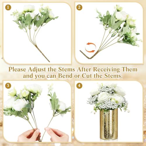 Suncalla 6 Sets Gold Cylinder Vases Artificial Peony Candle Holders, White - Image 2