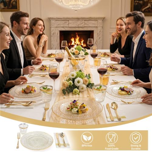 DaYammi 175PCS Gold Glitter Plastic Dinnerware Set for 25 Guests - Image 3