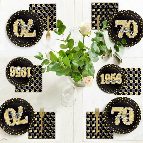 200PCS 70th Theme Birthday Party Tableware Vintage 1956 Party Supplies 70 year old Birthday Party Decorations Plates Napkins Forks Black and Gold Dinnerware Favors for Men or Women - Image 5
