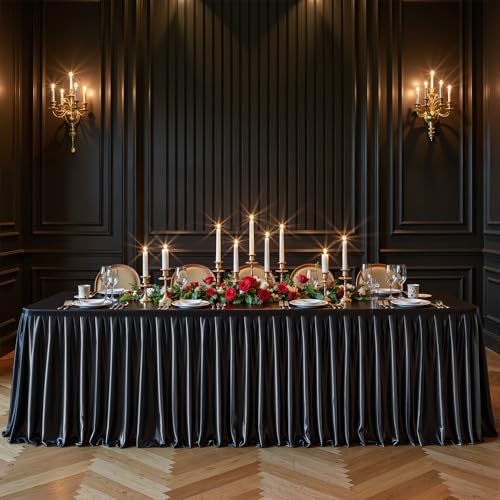 Black Satin Tablecloths Rectangle 6FT, Glitter Fitted Stretch Table Covers Wrinkle-Free Floor Length Shimmer Table Skirt for Weddings Parties Baby Shower Banquets Vendor Events by Partisky