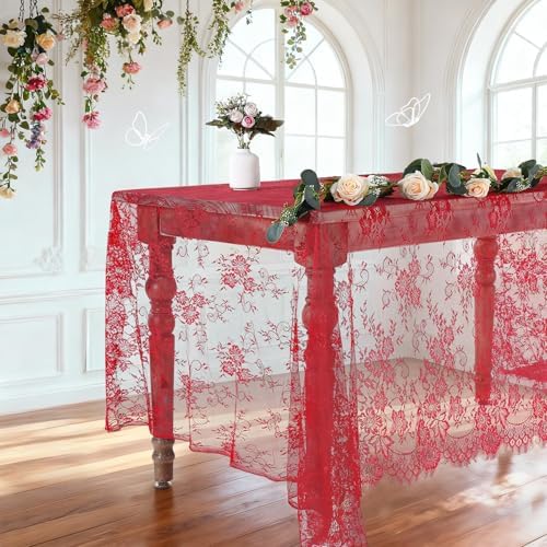 LuoluoHouse Red Lace Tablecloth 6pcs Rose Floral Table Fabric 60x120 Inch - Image 3