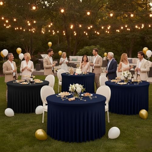 Fitted Navy Spandex Table Skirts for Wedding Party,60 Inch Round,6 Pack - Image 5