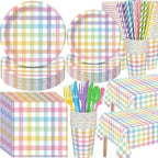 Funnymoom 452 Pcs Pastel Easter Party Decoration for 50, Spring Easter Paper Plates Napkins Cups Tablecloth Cutlery Straws Rainbow Pastel Gingham Plaid Tableware for Spring Birthday Party Supplies by Funnymoom