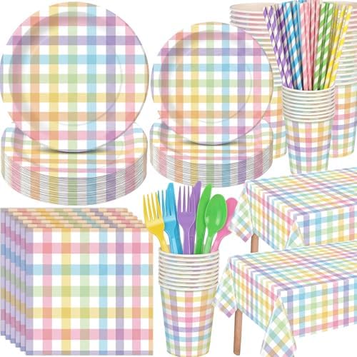 Funnymoom 452 Pcs Pastel Easter Party Decoration for 50, Spring Easter Paper Plates Napkins Cups Tablecloth Cutlery Straws Rainbow Pastel Gingham Plaid Tableware for Spring Birthday Party Supplies by Funnymoom