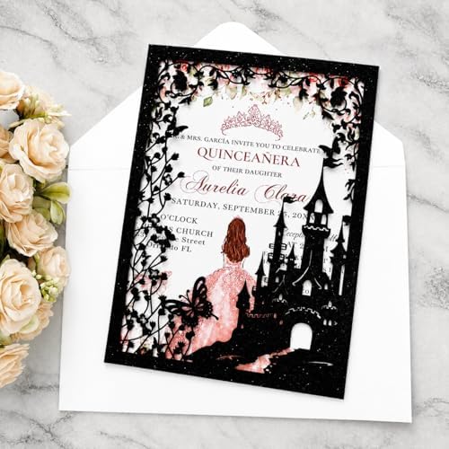 20PCS Castle Pocket Invitations, Quinceanera Invitations with Envelopes, Princess Invitation, Laser Cut quince invites (glitter black) - Image 3