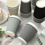 Whaline 100Pcs Gray Disposable Coffee Cups with Lids 12Oz Gray Black Paper Cups Corrugated Ripple Wall Insulated Hot Cup for Home Office Party Supplies - Image 3