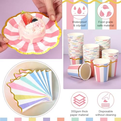 Yungyan 216 Pcs 72 Guests Pastel Paper Plates and Napkins 9 oz Party Cups 6" Scalloped Pastel Dessert Plates Colorful Stripe Disposable Tableware Set for Birthday Ice Cream Carnival Party Supplies - Image 4
