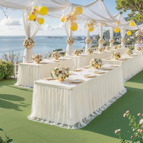 2 Pack Ivory Tablecloth Rectangle 6ft Elastic Fitted Tulle Table Cloth Stretch Spandex Rectangular Table Cover with Ruffle Skirt for Wedding Birthday Baby Shower Party Banquet Dessert Table Decor - Image 2