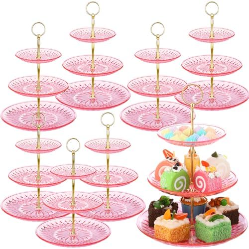 Patelai 8 Pcs 3 Tier Acrylic Cake Stand, Clear Pink, Golden by Patelai
