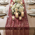 Artoid Mode 10Pcs Burgundy Gauze Gold Table Runner 10FT, Glitter Metallic Foil Sheer Dining Wedding Anniversary Holiday Table Decor for Home Party - Image 4