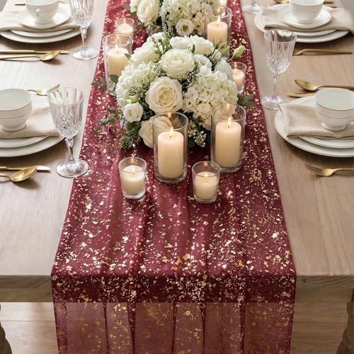 Artoid Mode 10Pcs Burgundy Gauze Gold Table Runner 10FT, Glitter Metallic Foil Sheer Dining Wedding Anniversary Holiday Table Decor for Home Party - Image 4