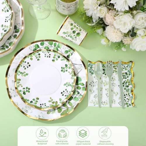 Ziliny 350 Pcs Sage Green Party Supplies Tableware Set Disposable 9'' 7'' Paper Plates 9 oz Cups Cutlery Napkins Dinnerware Set for Wedding, Bridal Birthday Serve 50 (Sage, Green, Gold) - Image 3