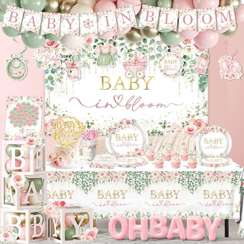 Floral Baby In Bloom Baby Shower Decorations,283pcs Spring Baby Shower Decorations Plates and Napkins Cups Banner Backdrop Tablecloth Cake Topper Balloon for Wildflower Baby In Bloom Shower Supplies - Image 4