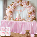 Wish Care 21ft Pink Satin Long Table Skirt for Rectangle Tables Wrinkle Free Teacher Desk Skirt Glitter Ruffle Table Skirting Cloth for Back to School Classroom Office Girls Birthday Party Table Decor - Image 3