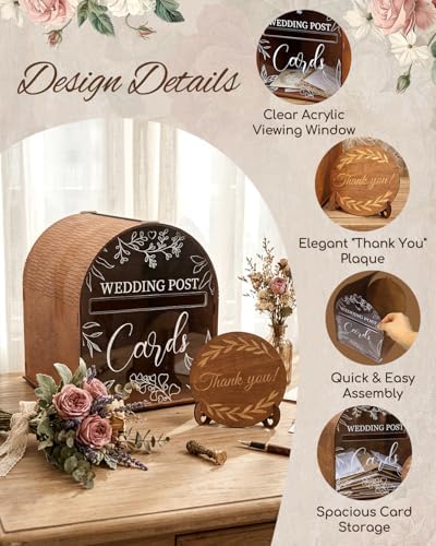 Wooden Wedding Card Box for Reception, Large Mailbox Gift Card Boxes with Acrylic Window, Rustic Post Box Decor for Wedding Cards and Money, Birthday, Parties, Graduation, Baby Shower - Image 4