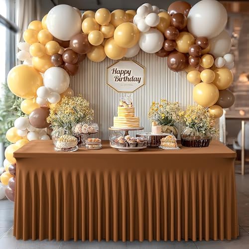 1 Pack Brown Spandex Tableclothes for 8 Foot Rectangle Tables, Wrinkle Free 8ft Fitted Table Cover Stretch Table Cloth Desk Skirt for Weddings Baby Shower Birthday Party Banquet Decorations - Image 3