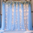 Blue Tulle Backdrop Curtains with Lights String for Parites Baby Shower 30×8ft Blue Sheer Backdrop Curtains Drapes for Bridal Shower Birthday Party Photo Shoot Background Decorations(6 Panels 5×8ft) - Image 4
