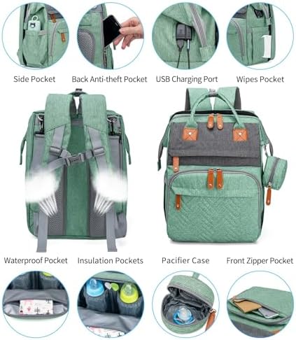 KABAQOO Diaper Bag Backpack with Detachable Changing Station, Large Capacity Baby Diaper Bags for Boys & Girls, Baby Registry Search Stuff & Shower Gifts, Newborn Essentials Must Haves, Green Grey - Image 3