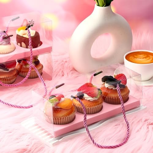 Thenshop 40 Pcs Clear Cupcake Boxes 9x3x3 in 3 Compartment Holder,Pink - Image 6