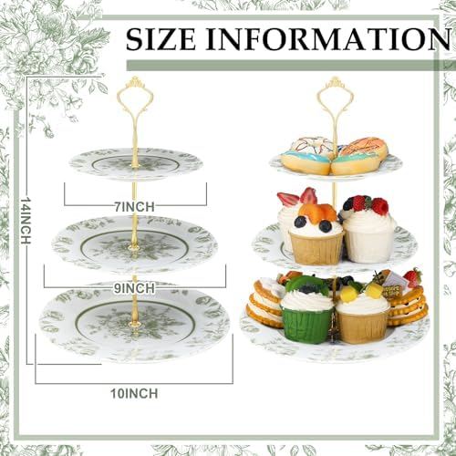 Lallisa Sage Green Floral 3 Tier Dessert Stand 10", 9" and 7" Ceramic Vintage Chinoiserie Tea Party Tiered Tray Cupcake Stand Display Holder Tower for Wedding Baby Shower Bridal Shower Tea Party - Image 6