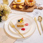 bUCLA 100PCS Ivory Plastic Plates with Gold Rim - Heavy Duty Cream Disposable Include 50 Dinner 10 inch & 50 Dessert 7 inch, for Party & Wedding - Image 6