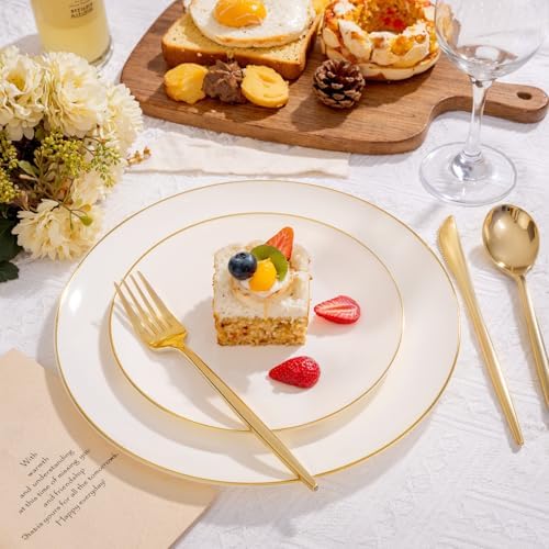 bUCLA 100PCS Ivory Plastic Plates with Gold Rim - Heavy Duty Cream Disposable Include 50 Dinner 10 inch & 50 Dessert 7 inch, for Party & Wedding - Image 6