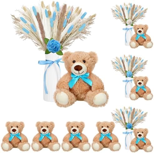 4 Sets 125 Pcs Bear Baby Shower Table Centerpiece with Bear Stuffed Animals Blue Dried Pampas Grass Artificial Flower Plastic Vase for Boho Wedding Bridal Reveal Birthday Baby Shower Decor by Relaxgiant