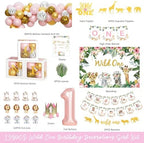 130 PCs Wild One Birthday Decorations Girl, Hombae Safari Jungle Theme 1st Birthday Party Backdrop Balloon Garland Leaves Monthly Photo Highchair Banner Box Cutout Crown Cake Cupcake topper Pink Gold - Image 2