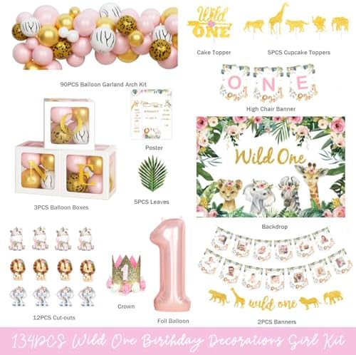 130 PCs Wild One Birthday Decorations Girl, Hombae Safari Jungle Theme 1st Birthday Party Backdrop Balloon Garland Leaves Monthly Photo Highchair Banner Box Cutout Crown Cake Cupcake topper Pink Gold - Image 2