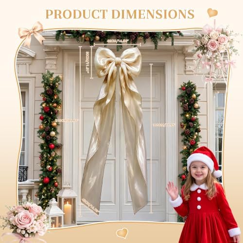Big Bow Coquette Room Decor, 16x85 Inch Large Christmas Bows for Birthday Decorations, Christmas Tree Topper, Girl Room Decor, Bachelorette, Wedding, Baby Shower, Front Door, Wreath (Khaki) - Image 2