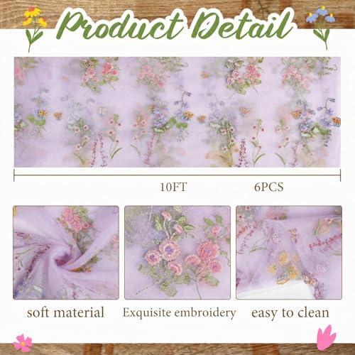 Purple Floral Table Runner 10ft Embroidery Tulle Spring Wildflower Gauze Table Runner Seasonal Summer Butterfly Kitchen Dining Decoration for Wedding Baby Shower Birthday Party (6 Pcs) - Image 3