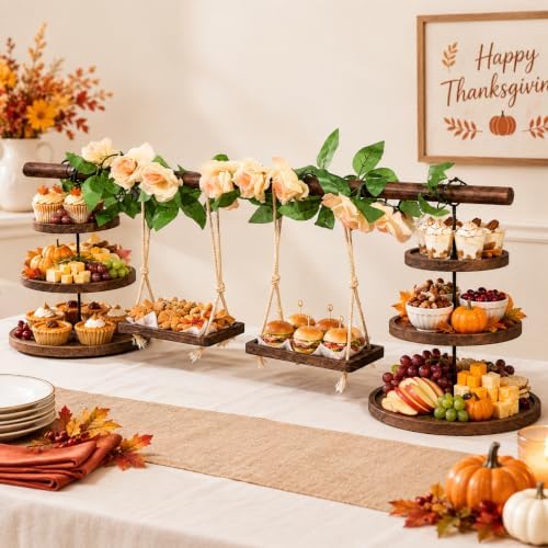 Wooden 3 Tier Cupcake Dessert Table Display Stand with Swing & Flower Decor - Image 4