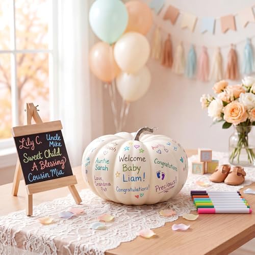 Domensi 9.8inch Pumpkin Baby Shower Guest Book Alternatives Baptism Party Decor Includes 12 Washable Markers & Mini Chalkboard Sign Alternative to Traditional Guest Books for Wedding Bridal Shower - Image 4