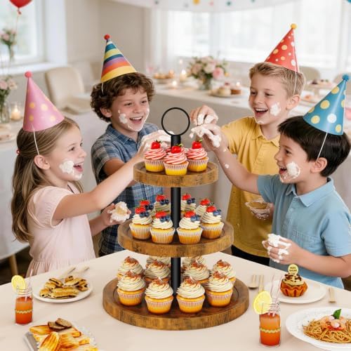 IBUYKE 3 Tier Round Cupcake Display Stand,Rustuc Brown TLJ029H - Image 3