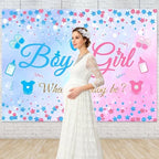10x8 FT Gender Reveal Boy Or Girl Photo Backdrop He Or She What Will Baby Be Blue Pink Footprints Glitter Dots Star Party Decorations Photography Background Polyester - Image 4