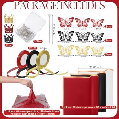 Qilery 334 Pcs Flower Wrapping Paper Set,153 Waterproof Floral Bouquet Wrapping Paper,72 3D Gold Butterfly Decoration,100 Pins, 6 Crowns and 3 Ribbons for DIY Craft(Red, Black, White) - Image 2