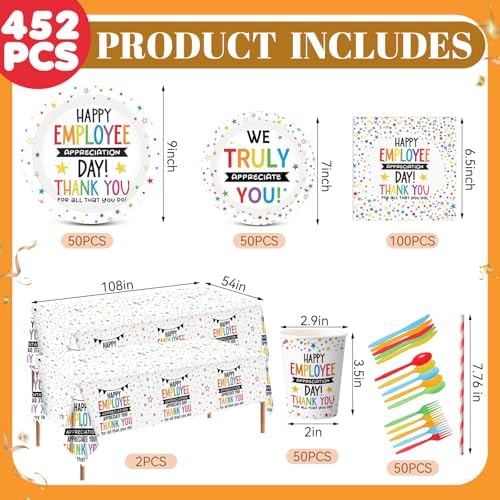 LemonRoad 452 Pcs Employee Appreciation Decoration for 50, Employee Teacher Appreciation Paper Plates Napkins Cups Tablecloth Set for Administrative Professional Day Thank You Staff Nurse Party Supply - Image 2