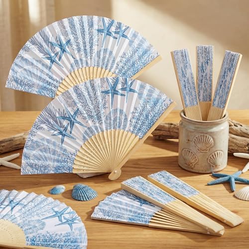 Karenhi 36 Pcs Beach Paper Fans Bulk Blue Coastal Party Folding Hand Fans - Image 4