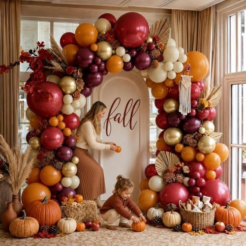 Burgundy Burnt Orange Balloon Arch Kit - Retro Boho Fall Balloon Garland with Metallic Gold Cream for Autumn Fall Harvest Thanksgiving Birthday Baby Shower Party Decorations - Image 2