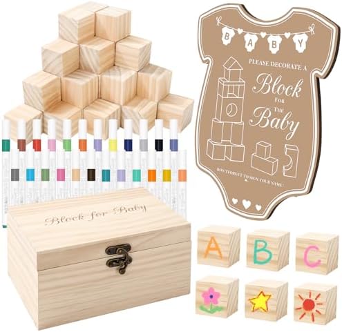 JarThenaAMCS 80 Pcs Baby Shower Game Kits Coloring Building Blocks Baby Clothes Wooden Display Sign Colorful Markers with Storage Box for Birthday Party DIY Crafts Supplies by JarThenaAMCS
