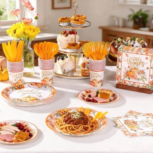 Goodluck 350 Pcs Pumpkin Floral Paper Plates Napkins Cups Cutlery Party Set - Image 6
