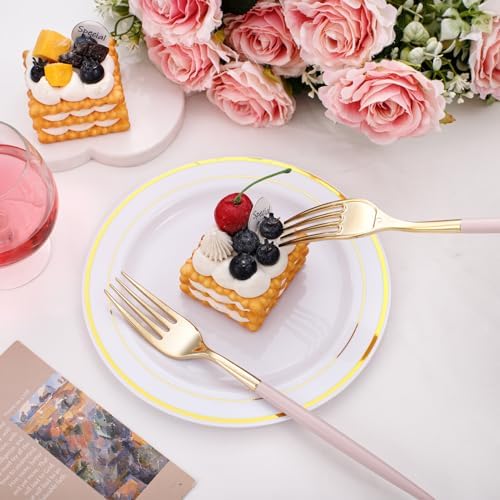 I00000 60 Pcs Pink Plastic Silverware, Fancy Gold Utensils with Pink Handle - Image 7