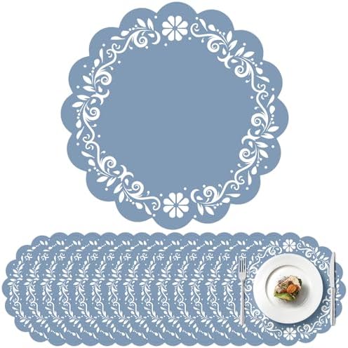 100 Pcs Blue Talavera Mexican Paper Placemats 13.5 Inch Cielito Lindo Party Decoration Disposable Scalloped Platos De Barro Mexicanos Paper Table Mat for Fiesta Wedding Baby Shower Party Decor by Elasign