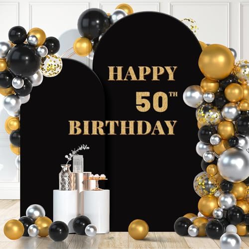 Set of 2 Arch Backdrop Cover 7.2FT, 6FT Black and Happy 50th 60th 70th Birthday Decal Sign - Adjustable Arch Covers Stretchy Backdrop for Wedding Birthday Party Baby Shower Decoration by Newleafly