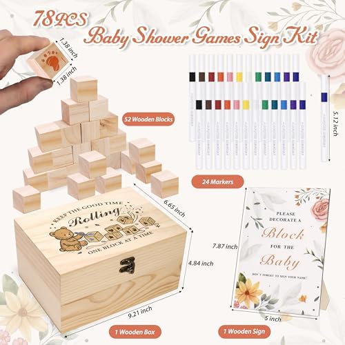78 PCS Shower Games Sign Kit, Wooden Box and Sign, Blank Wooden Blocks for DIY Drawing, Markers, Shower Game for Gender Reveal Activity, Shower Ideas Decorations, Bear B - Image 2