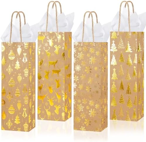 Harloon 32 Pack Wine Bottle Gift Bags with Handles 4 Designs,Kraft Color by Muasung